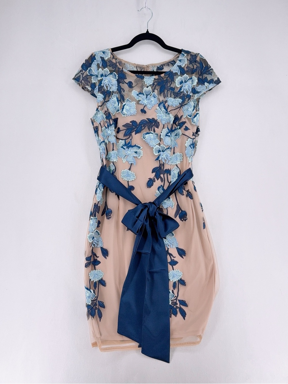 Adriana papel Floral Embroidered Illusion Neck Bow Detail Knee Length Dress Sz 8